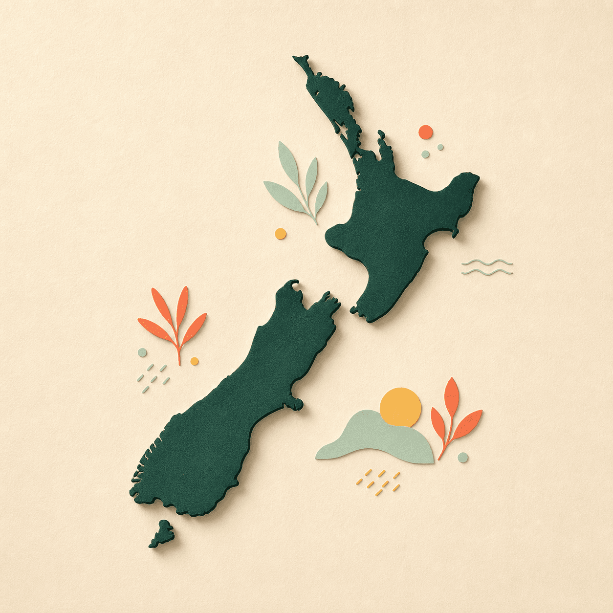Stylised paper-cut map of Aotearoa New Zealand